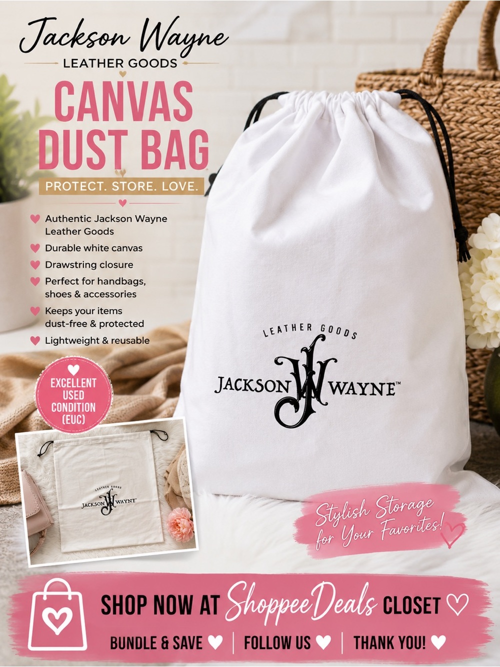 Jackson Wayne Leather Goods White Canvas Drawstring Dust Bag